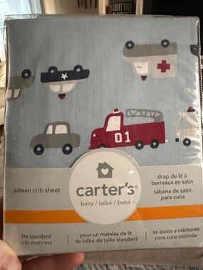 Carter's Light Blue Sateen Crib Sheet Red Firetruck & Vehicles 28 in / 52 in